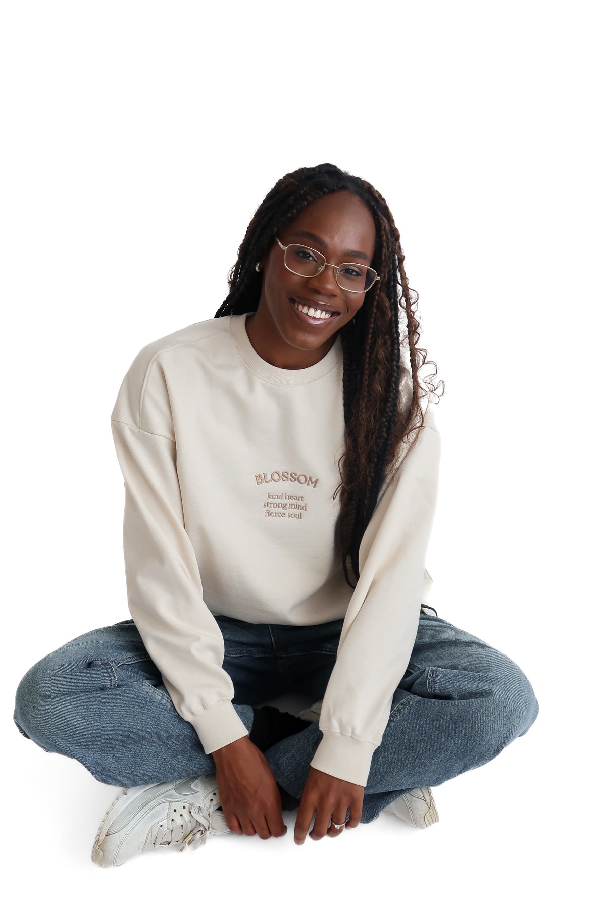 Erin sweatshirt in sand, front view, blossom, kind heart, strong mind, fierce soul.