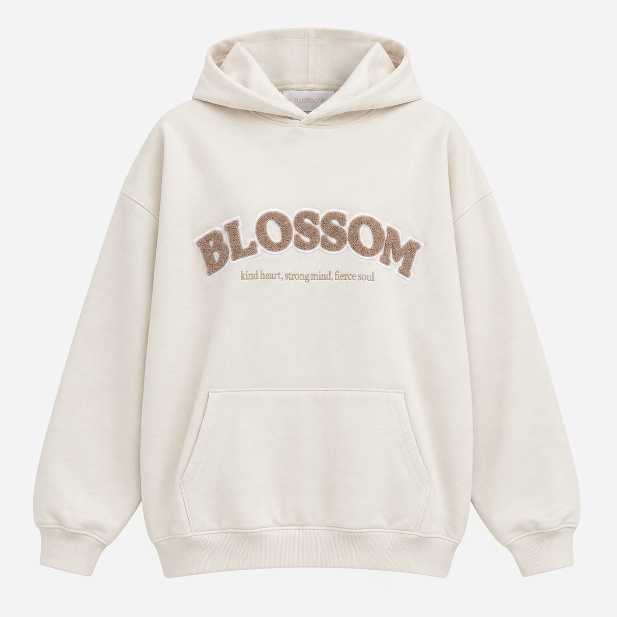 An off-white hooded sweatshirt with 'BLOSSOM' and a smaller quote printed in brown across the chest, displayed on a clean white background.